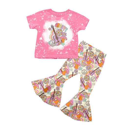 preorder GSPO1294 Groovy Flowers Mushroom Guitar Pink Short Sleeve Pants Girls Set