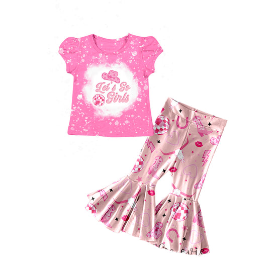 preorder GSPO1295 Western Lets Go Girls Hat Hot Pink Short Sleeve Cow Boot Pants Girls Set