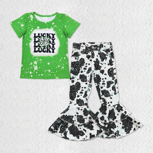 GSPO1296 Saint Patrick Lucky Green Short Sleeve Cow Print Denim Pants Girls Set