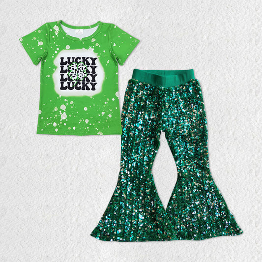 GSPO1297 Saint Patrick Lucky Green Short Sleeve Dark Green Sequin Pants Girls Set