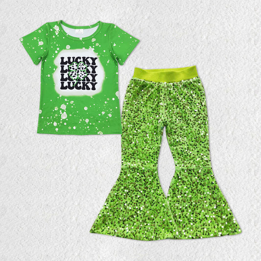 GSPO1298 Saint Patrick Lucky Green Short Sleeve Light Green Sequin Pants Girls Set