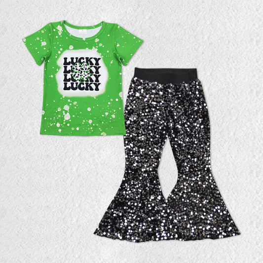 GSPO1299 Saint Patrick Lucky Green Short Sleeve Black Sequin Pants Girls Set