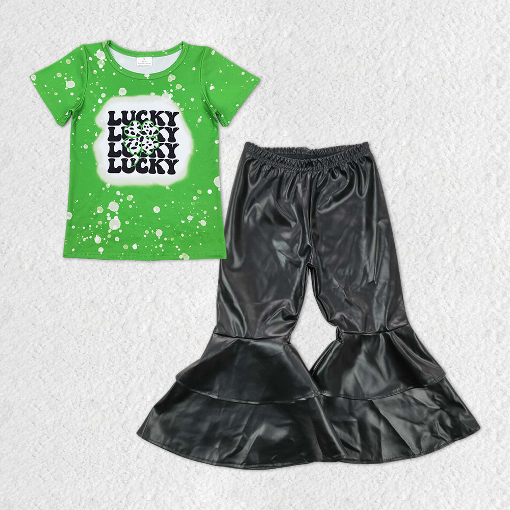 GSPO1300 Saint Patrick Lucky Green Short Sleeve Black Leather Pants Girls Set