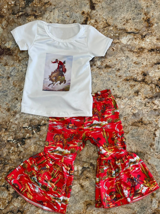 preorder GSPO1303 Western Rodeo White Short Sleeve Red Pants Girls Set