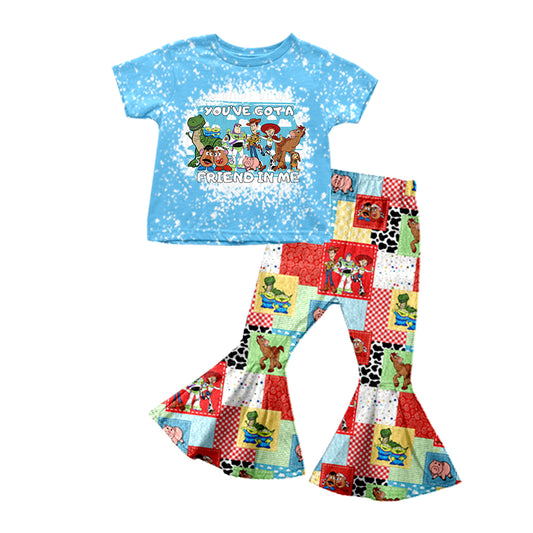 preorder GSPO1305 Cartoon Toy Pocket Blue Short Sleeve Colorful Pants Girls Set