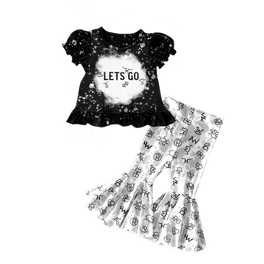 preorder GSPO1306 Western Lets Go Black Short Sleeve Grey Print Pants Girls Set