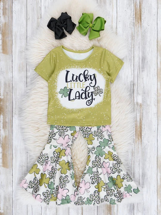 preorder GSPO1307 Saint Patrick Lucky Little Lady Green Short Sleeve Pants Girls Set