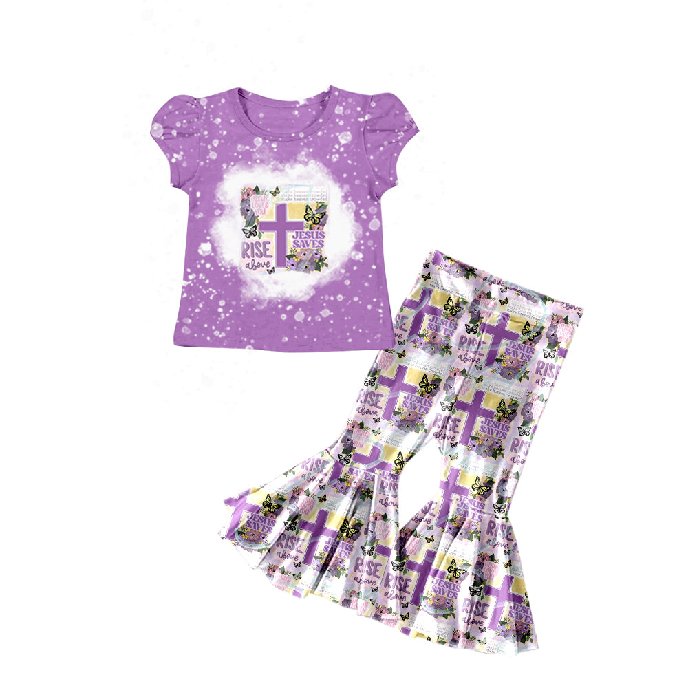 preorder GSPO1308 Easter Rise Cross Purple Short Sleeve Pants Girls Set