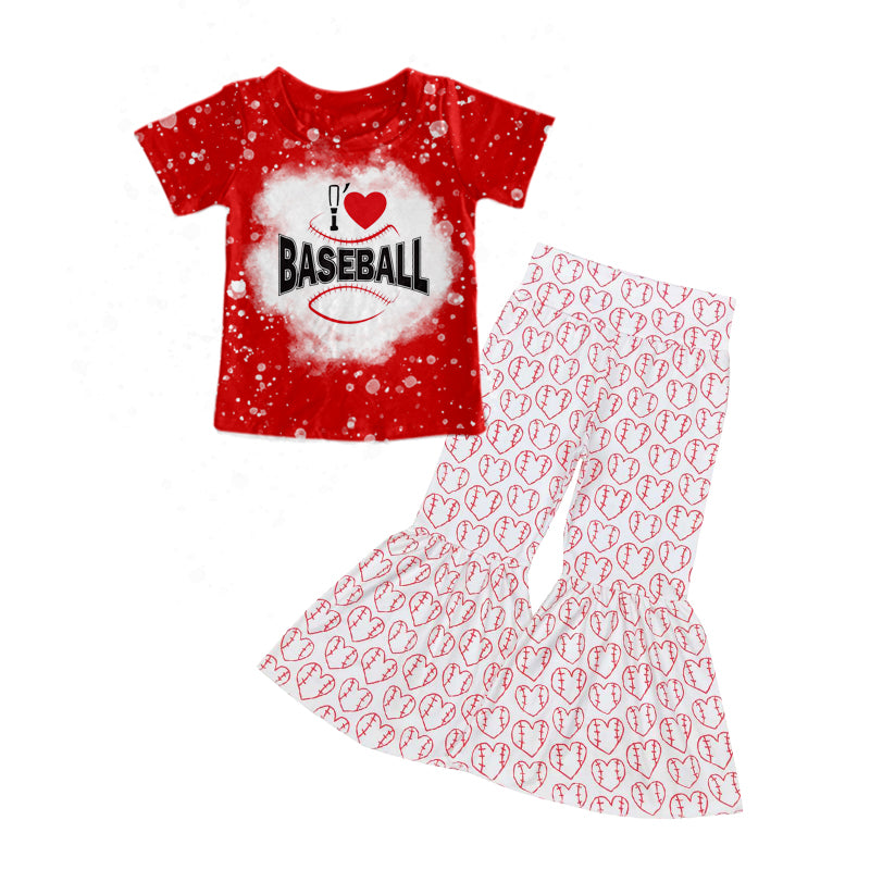 preorder GSPO1313 Heart Baseball Red Short Sleeve Pink Heart Pants Girls Set