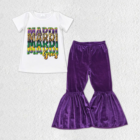 GSPO1325 Mardi Gras White Short Sleeve Purple Velvet Pants Girls set