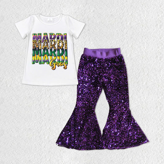 GSPO1326 Mardi Gras White Short Sleeve Purple Sequin Pants Girls Set