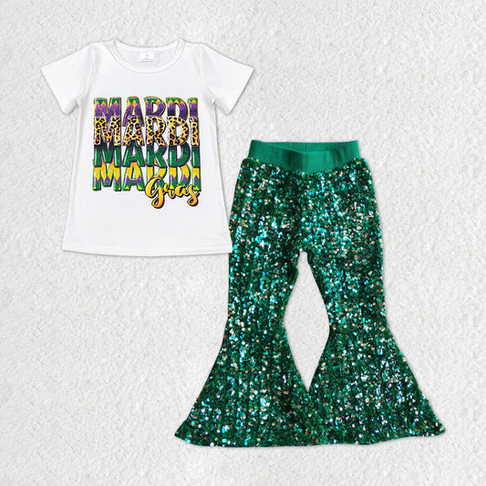 GSPO1327 Mardi Gras White Short Sleeve Green Sequin Pants Girls Set