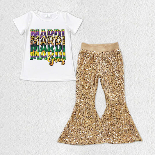 GSPO1328 Mardi Gras White Short Sleeve golden Sequin Pants Girls Set