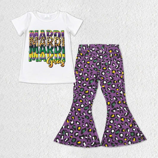 GSPO1329 Mardi Gras White Short Sleeve Purple Leopard Denim Pants Girls Set