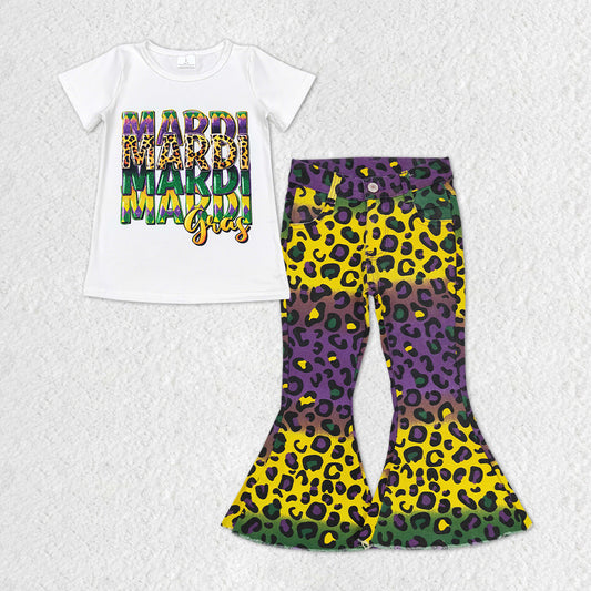 GSPO1330 Mardi Gras White Short Sleeve Purple Green Leopard Denim Pants Girls Set