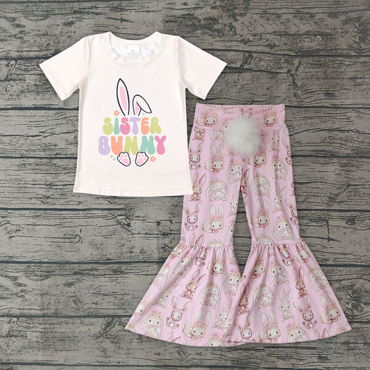 preorder GSPO1344 Easter Sister Bunny Short Sleeve Pink Pom-pom Pants Girls Set