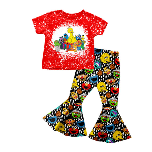 preorder GSPO1360 Cartoon Cute Baby Duck Red Short Sleeve Brown Dot Pants Girls Set