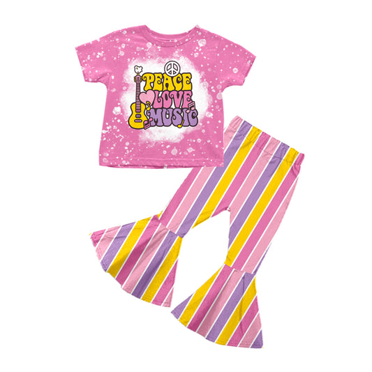 preorder GSPO1367 Peace Love Music Guitar Hot Pink Short Sleeve Colorful Striped Pants Girls Set