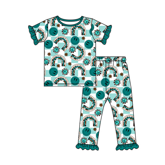 preorder GSPO1371 Green Smile Rainbow Checkered Short Sleeve Pants Girls Pajamas
