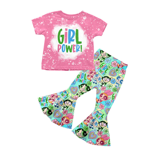 preorder GSPO1374 Girl power pink short sleeve cartoon girl heart pants girls set