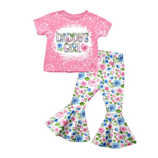 preorder GSPO1381 Daddy's girl pink short sleeve colorful flowers pants girls set