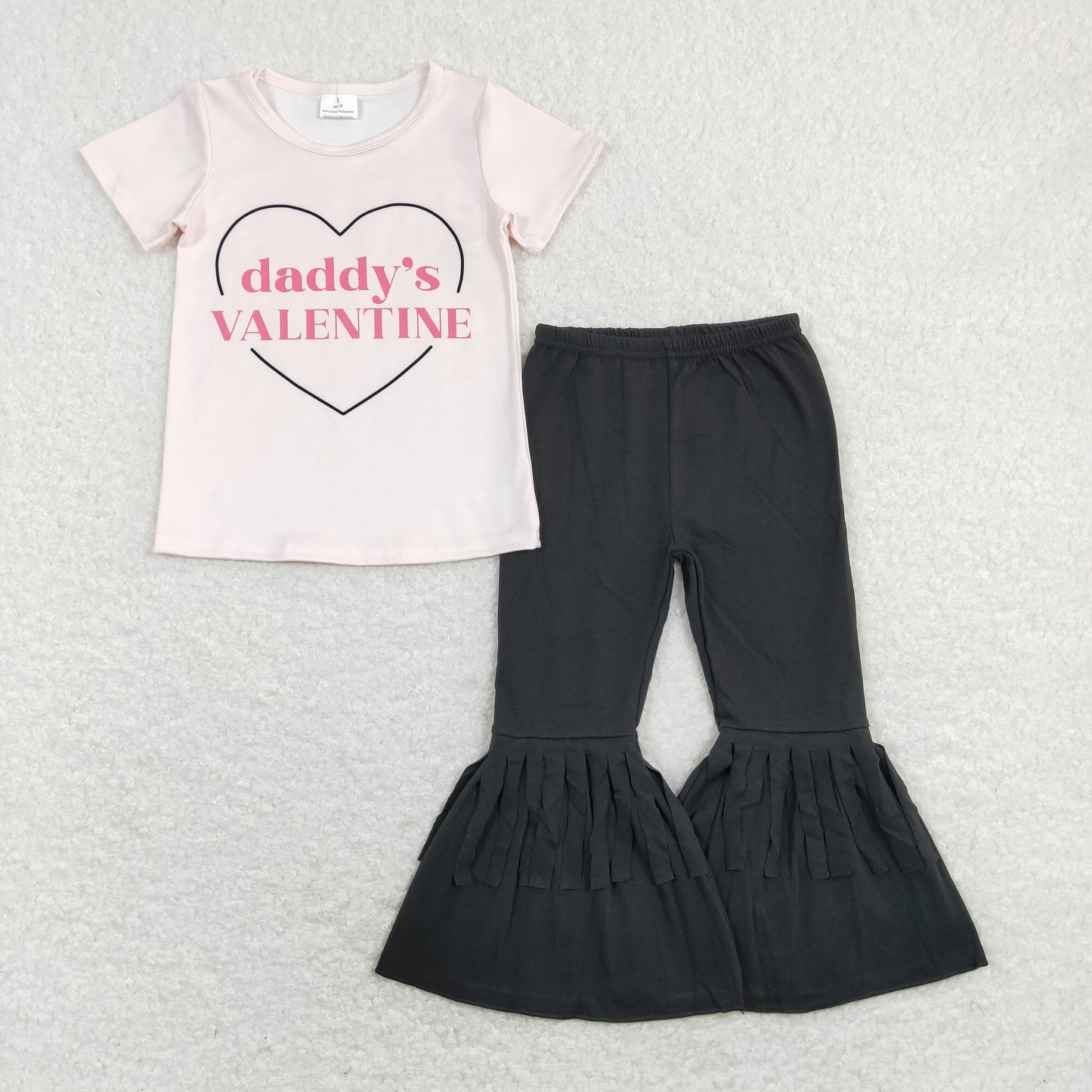 GSPO1314 Daddy's Valentine Pink Short Sleeve Black Tassels Bell-bottom Pants Girls Set
