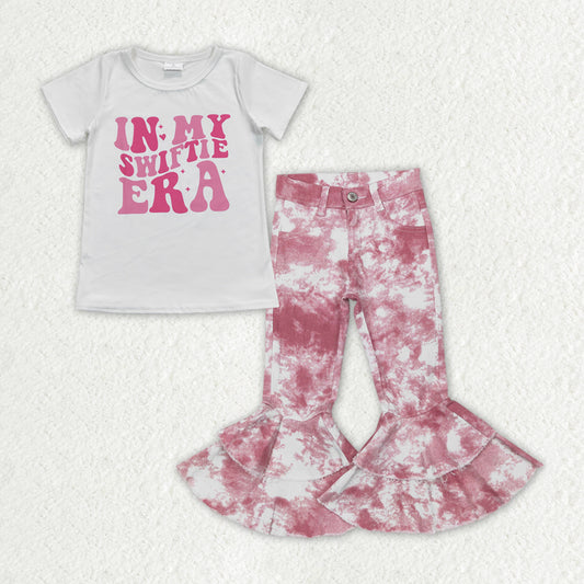 GSPO1399 In My white short sleeve pink ink pattern denim pants girls set