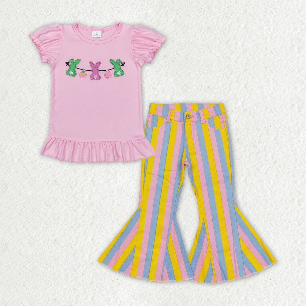 GSPO1405 Easter Embroidery rabbit pink short sleeve pink yellow blue striped denim pants girls set