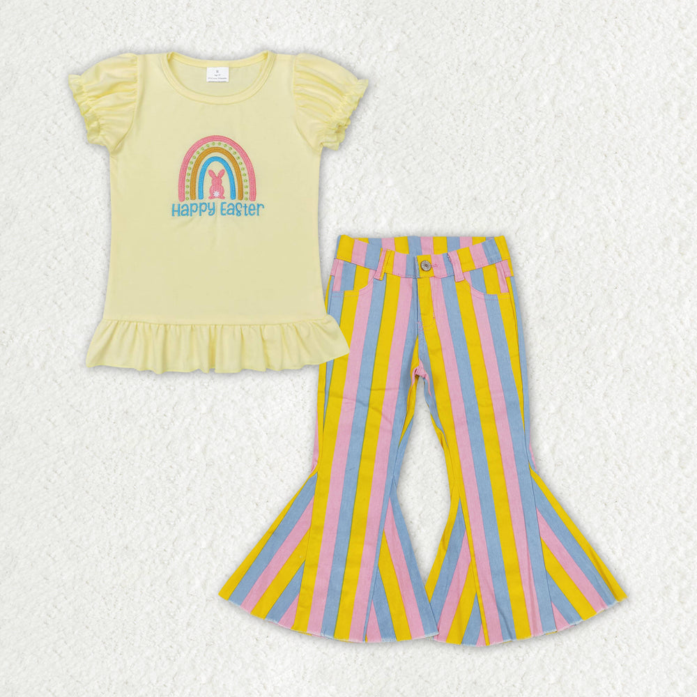 GSPO1406 Easter Embroidery rabbit yellow short sleeve pink yellow blue striped denim pants girls set