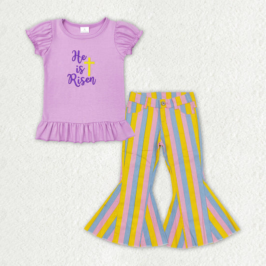 GSPO1407 Easter Embroidery he is risen purple short sleeve pink yellow blue striped denim pants girls set