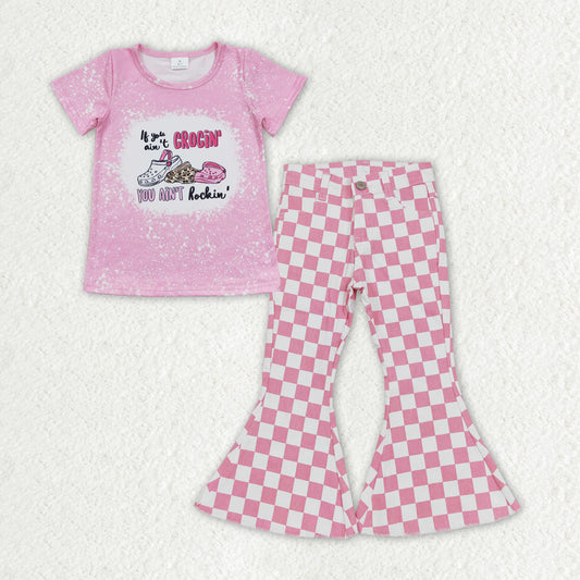 GSPO1408 You ain't shoe pink short sleeve pink checkered denim pants girls set