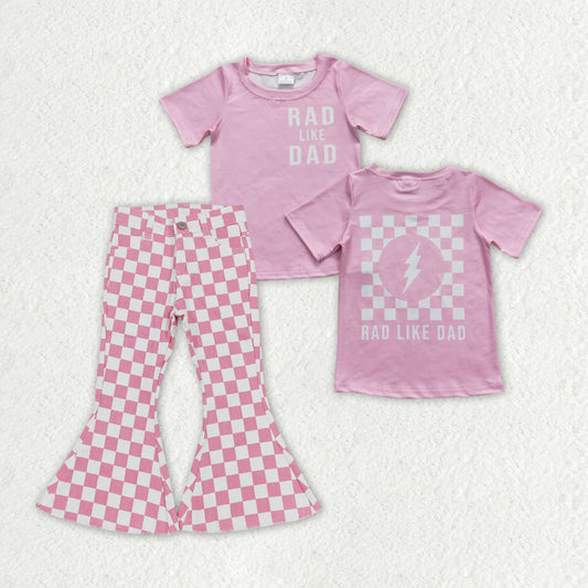 GSPO1409 Rad like dad pink short sleeve pink checkered denim pants girls set