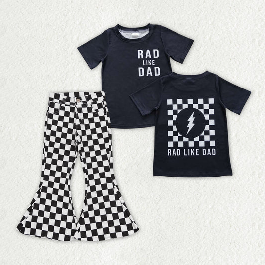 GSPO1410 Rad like dad black short sleeve black checkered denim pants girls set