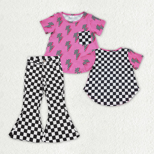 GSPO1411 Hot pink pocket short sleeve black checkered denim pants girls set