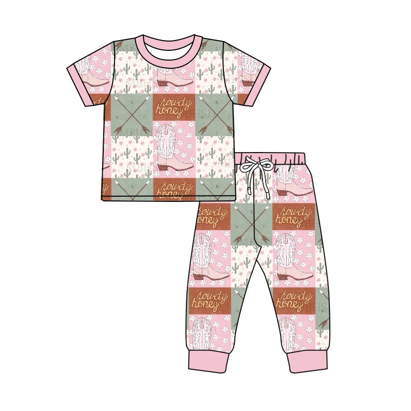 preorder GSPO1417 Western howdy boot cactus pink short sleeve pants girls pajamas