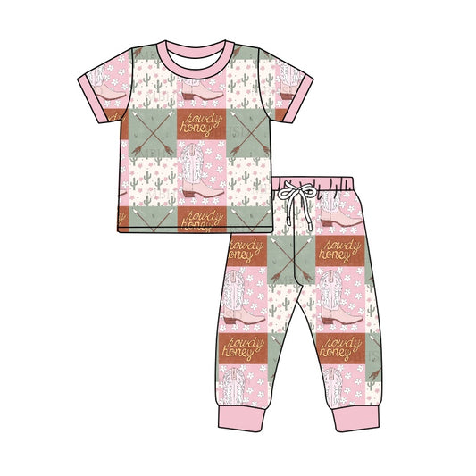 preorder GSPO1417 Western howdy boot cactus pink short sleeve pants girls pajamas