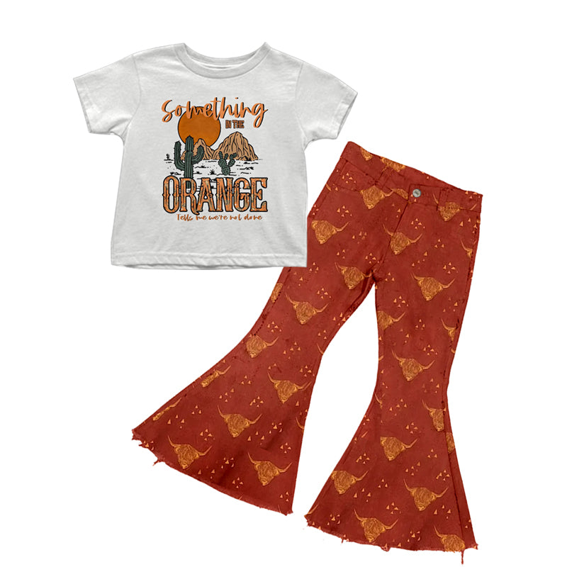 preorder GSPO1451 orange sun cactus white short sleeve highland cow red denim pants girls set