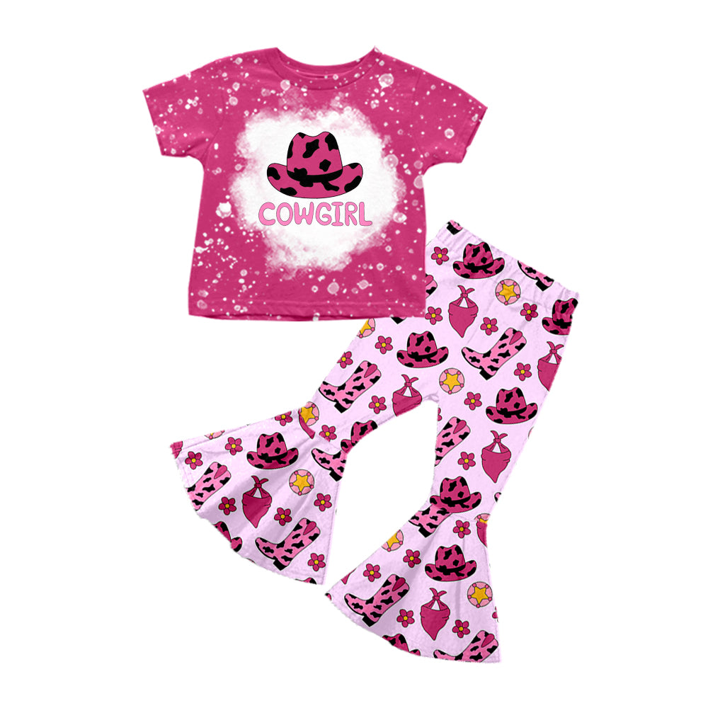 preorder GSPO1454 cowgirl hat hot pink short sleeve flowers pink pants girls set