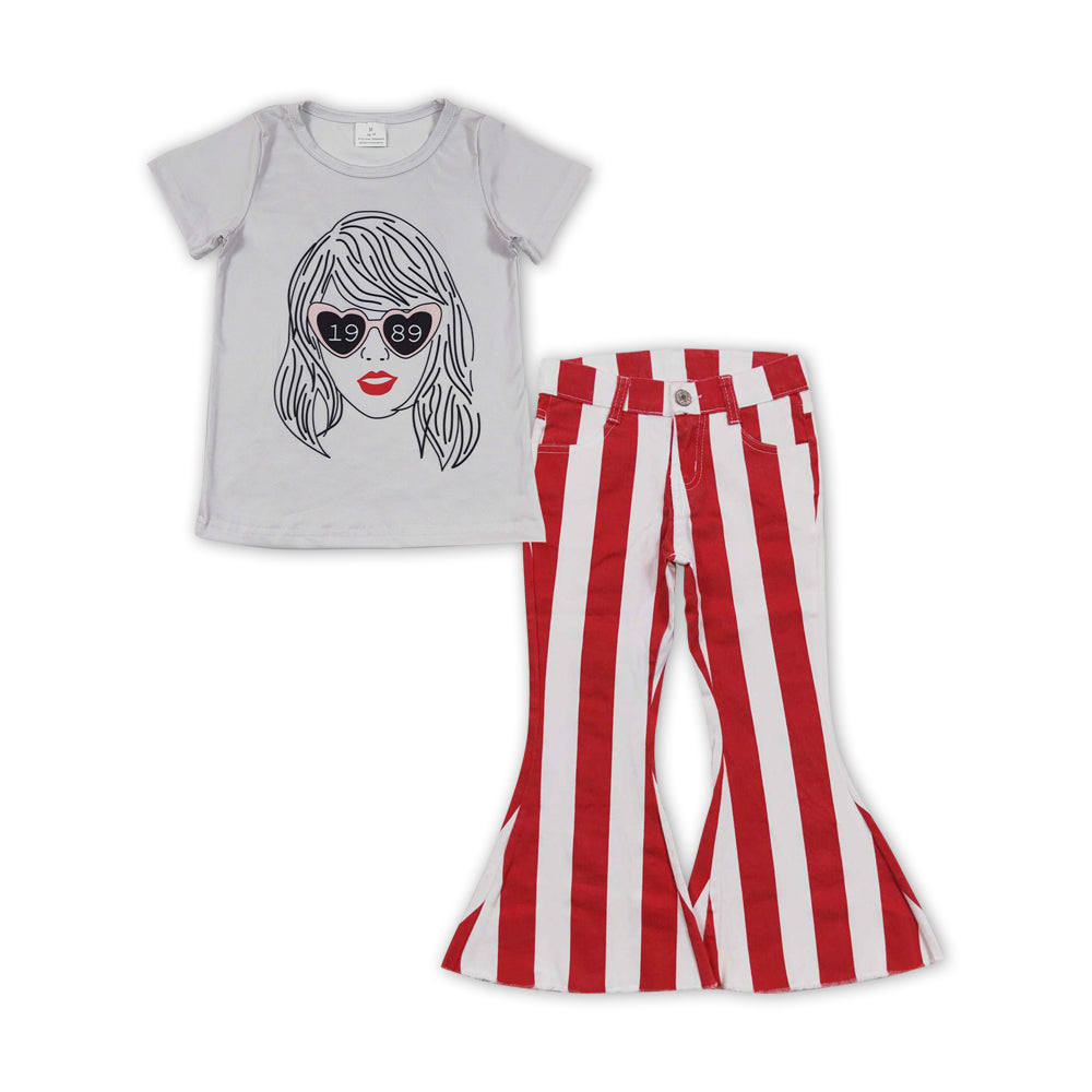 GSPO1458 1989 country singer short sleeve red striped denim pants girls set