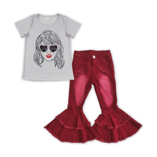 GSPO1459 1989 country singer short sleeve red denim pants girls set