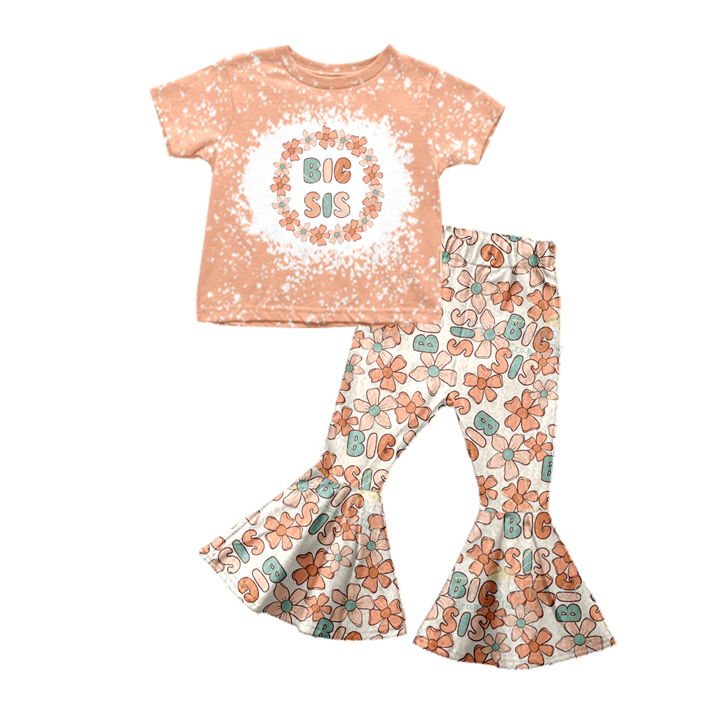 preorder GSPO1466 big sister orange short sleeve flowers pants girls set