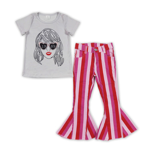 GSPO1470 country singer 1989 short sleeve pink red striped denim pants girls set