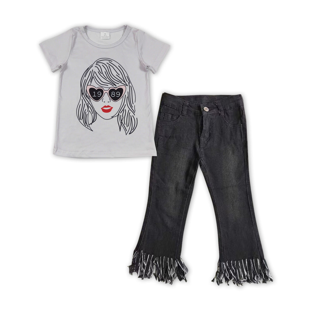 GSPO1471 country singer 1989 short sleeve black tassels denim pants girls set