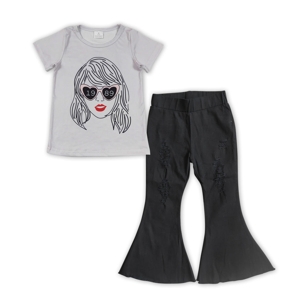 GSPO1472 country singer 1989 short sleeve black denim pants girls set