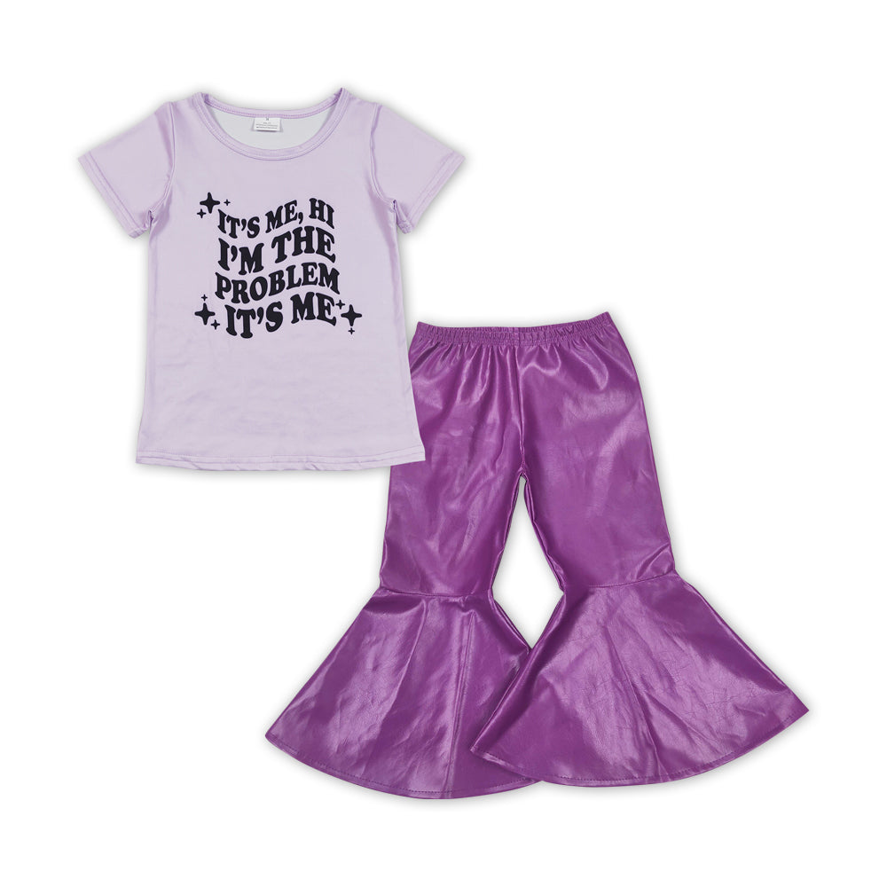 GSPO1475 it's me purple shorts sleeve purple leather pants girls set