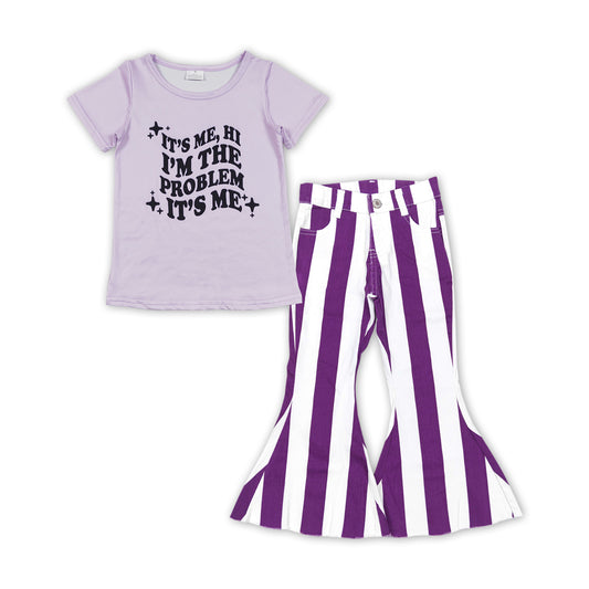 GSPO1476 it's me purple short sleeve purple striped denim pants girls set