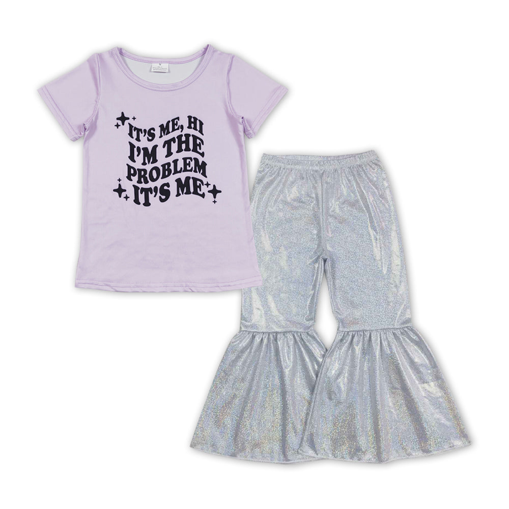 GSPO1477 country singer it's me purple silver shining disco pants girls set