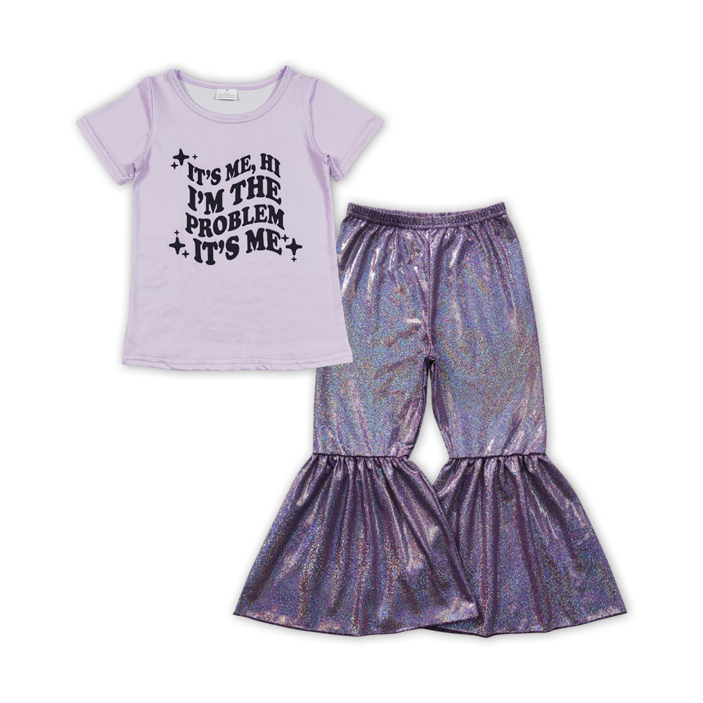 GSPO1478 country singer it's me purple short sleeve purple shining disco pants girls set