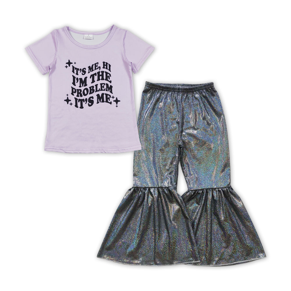 GSPO1479 country singer it's me purple short sleeve black shining disco pants girls set