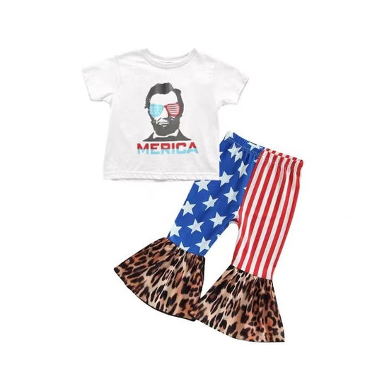 preorder GSPO1490 July 4th America short sleeve blue star red striped pants girls set